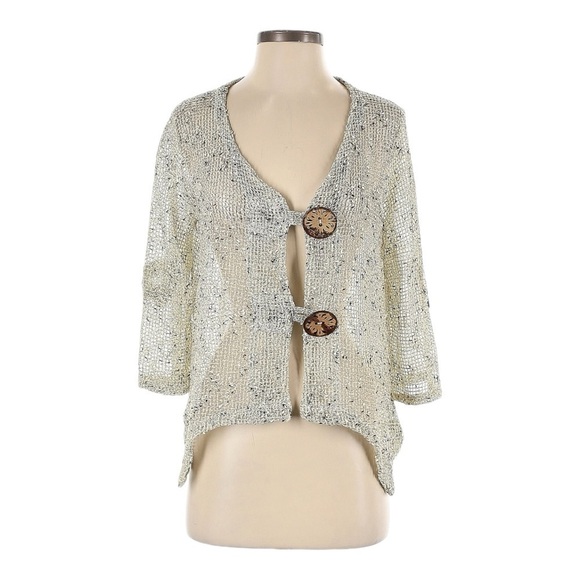 Nina Leonard Beachy Natural Open Work Mesh Embellished Cardigan Size M - Picture 1 of 9